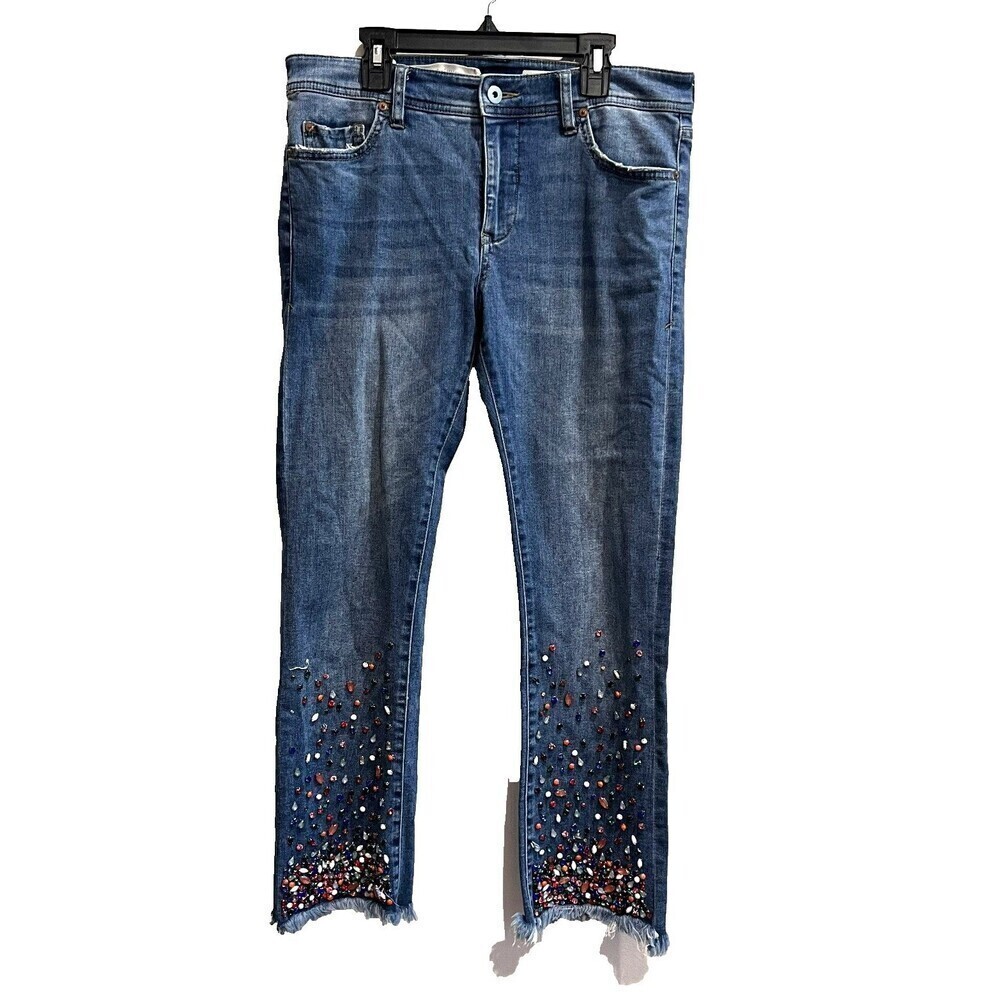 Pilcro and the Letterpress Womens Blue Jeans 29 Slim Straight Rhinestone Bling